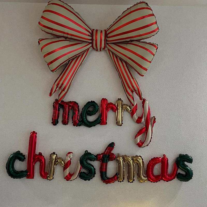圣诞节字母气球红白条纹蝴蝶结装饰品铝膜气球跨年会节日布置用品