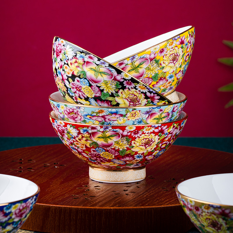 金边珐琅彩骨瓷家用饭碗单个高脚宫廷碗5英寸景德镇高档陶瓷礼品