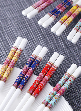 景德镇家用骨瓷筷子防滑防霉耐摔珐琅彩环保陶瓷快子5双10双装