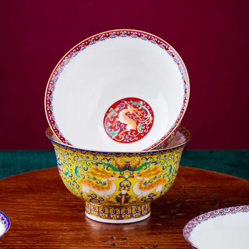 亮玉 景德镇家用高脚描金骨瓷饭碗中式陶瓷喝粥碗高档礼品祝寿碗