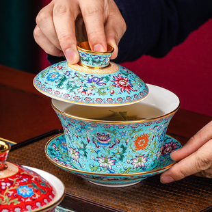 景德镇高档骨瓷盖碗茶杯陶瓷金边三才泡茶碗功夫茶具水杯带盖碗