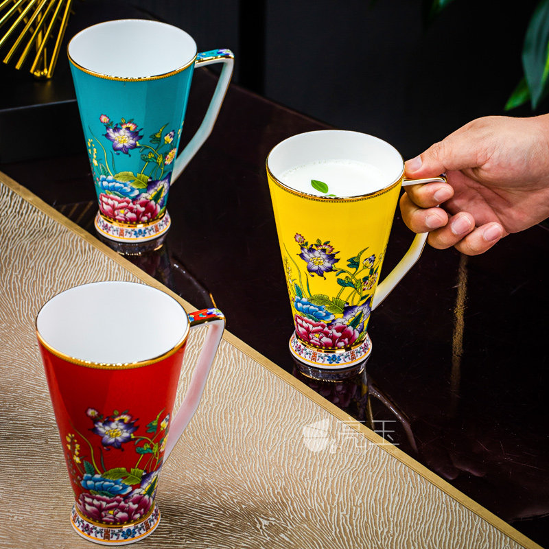 亮玉骨瓷中式大号奶牛杯马克杯