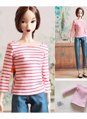 [M-201705-14]红白细条纹7分袖大领口T恤/FR Momoko OB娃衣