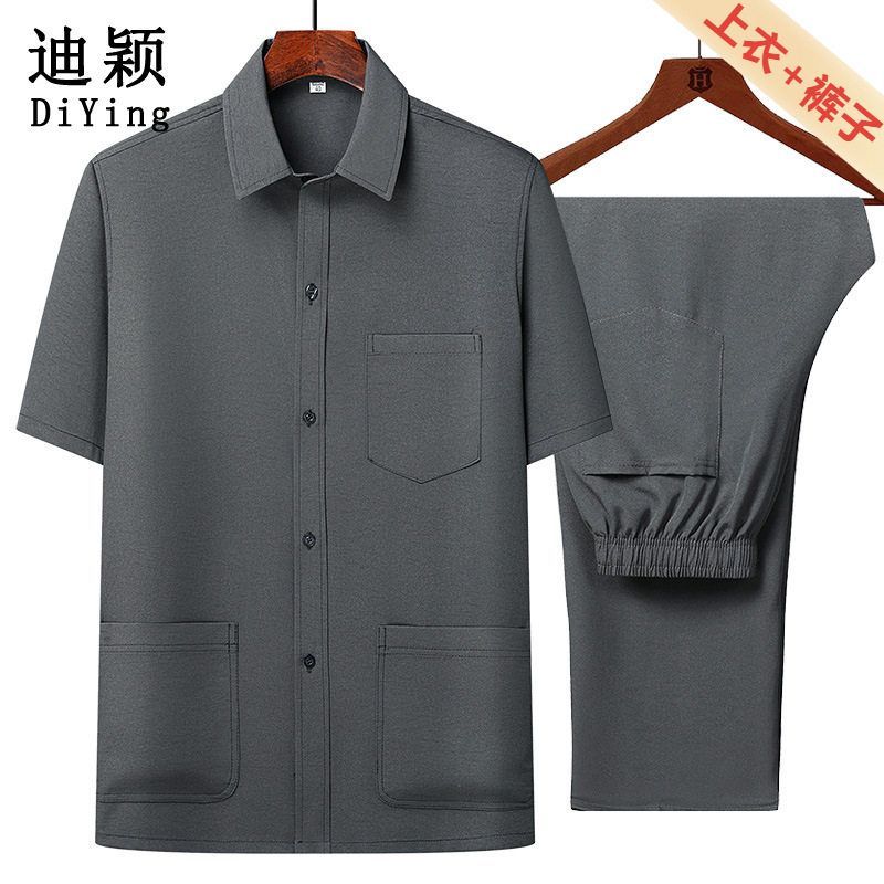 新中式爸爸装中老年男士休闲上衣衬衫领短袖40-60岁男装夏季套装