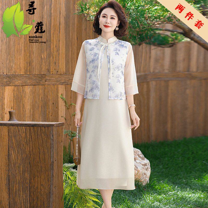 新款妈妈装连衣裙女时尚洋气婆婆装国风中老年女士休闲长裙雪纺薄