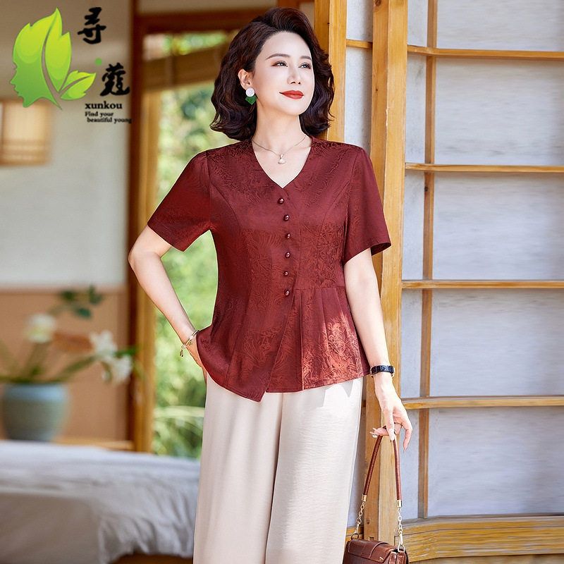 中年妈妈夏装雪纺小衫2025新款中老年人女士衬衫短袖显年轻上衣