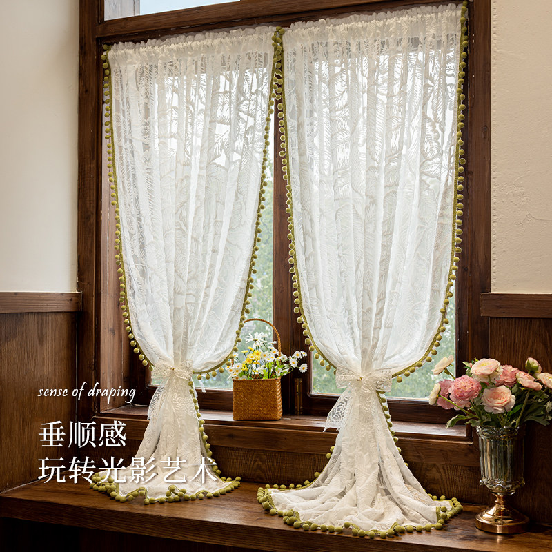 法式蕾丝门帘卧室客厅隔断帘绑带流苏边装饰帘挂钩卧室成品窗帘