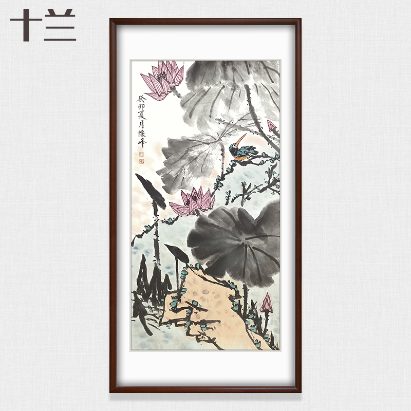 玄关荷花挂画手绘真迹客餐厅莲花鸟竖版挂画过道走廊尽头装饰字画图片