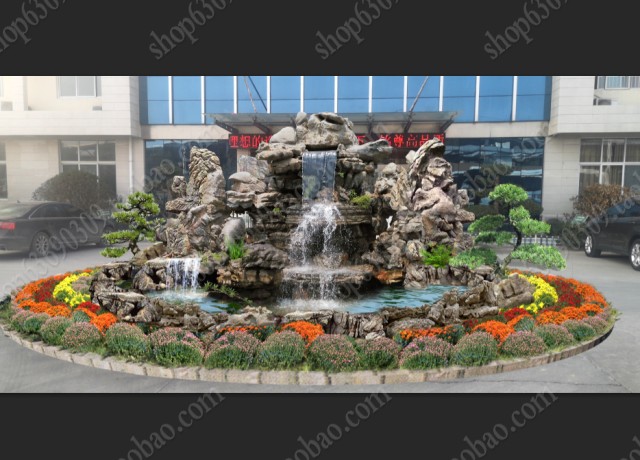 灵璧石假山效果图PSD分层水系古树景观PS承接假山古树效果图设计
