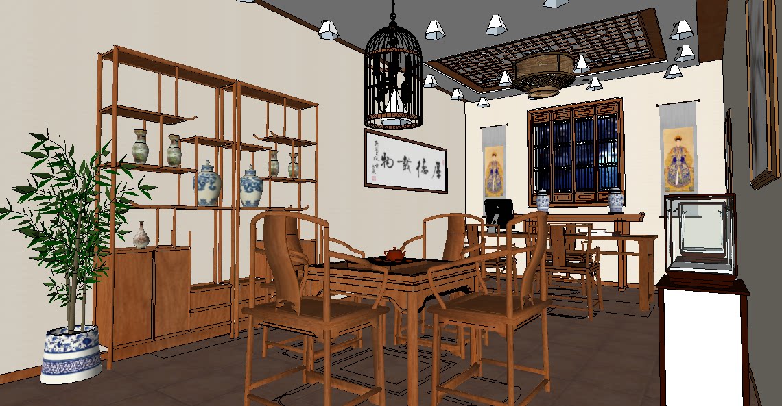 中式茶室室内草图大师su模型sketchup设计素材源文件skp模型