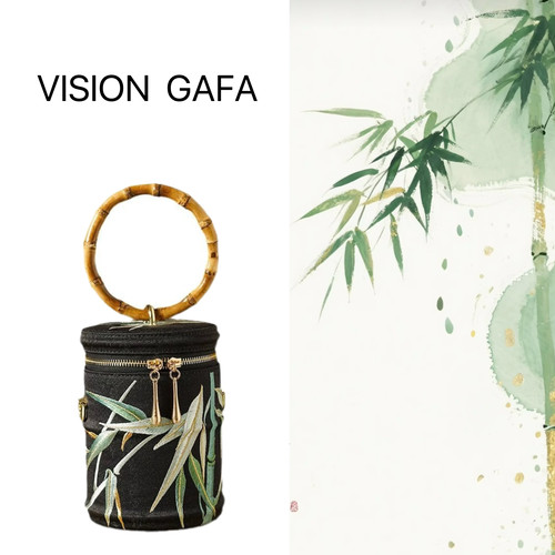 圆竹绣花水桶包拉链包