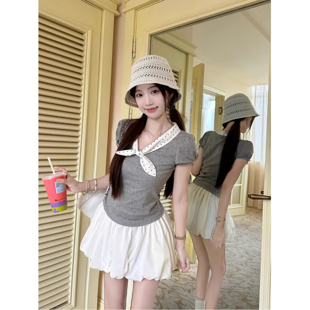 kumikumi甜美风灰色蝴蝶结短袖T恤女装夏季百搭减龄修身正肩上衣