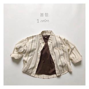新款 韓版 苧麻小條紋襯衫 男女童氣質(zhì)翻領(lǐng)開衫 襯衣 兒童春季 日系ins