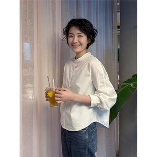 浪清白色棉质长袖衬衫女秋季2025新款设计感衬衣短款圆领套头上衣