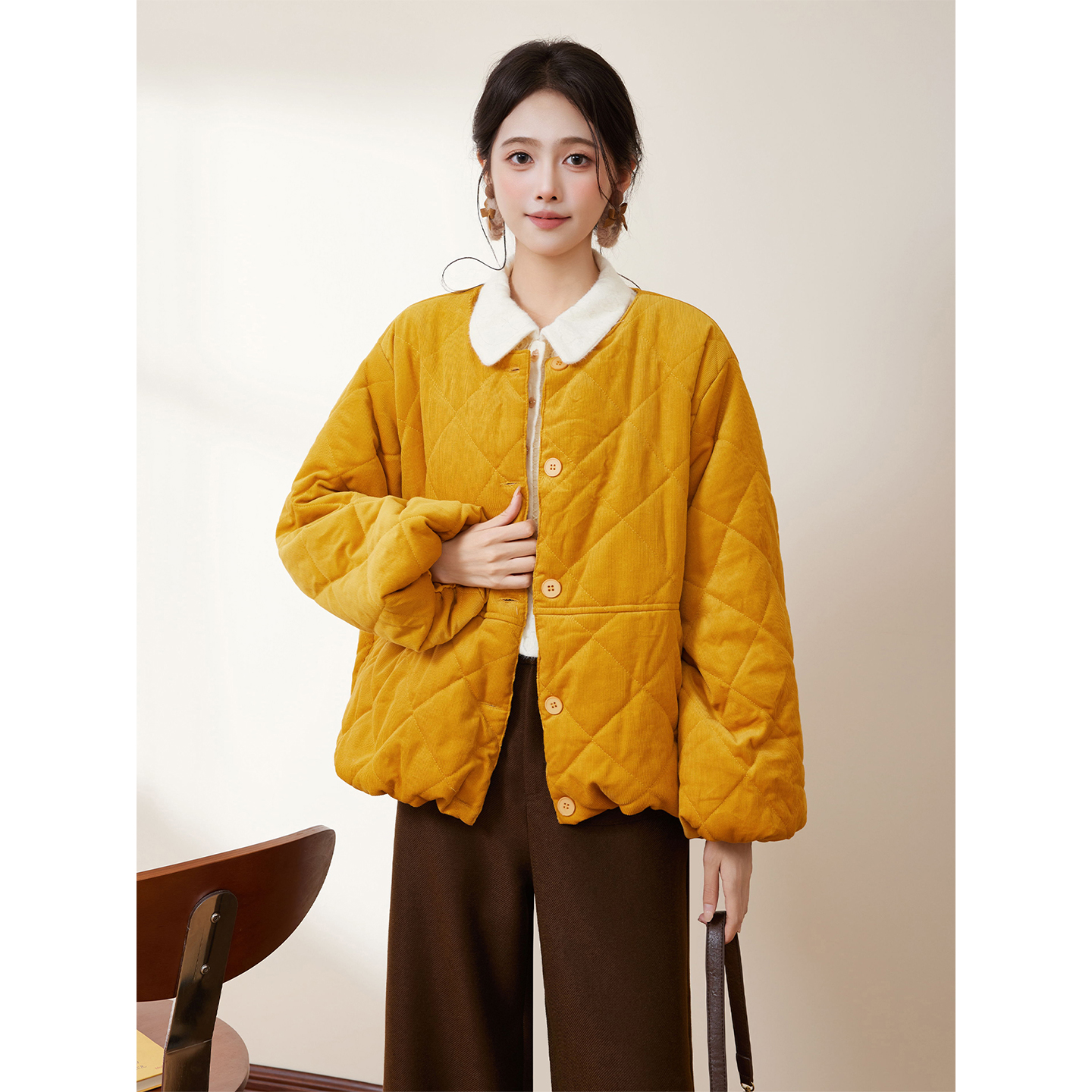 蜜妃儿【稻浪翻金】圆领棉服女款2025新款冬保暖宽松棉衣冬装外套