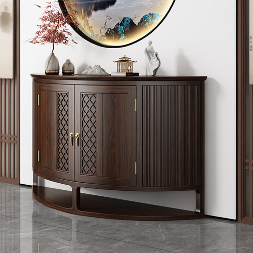 新中式玄关桌乌金木条案入户门供桌靠墙玄关台半圆弧形实木玄关柜