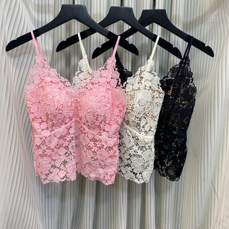 S202纯欲性感露背蕾丝镂空吊带背心女修身带胸垫内搭外穿美背上衣