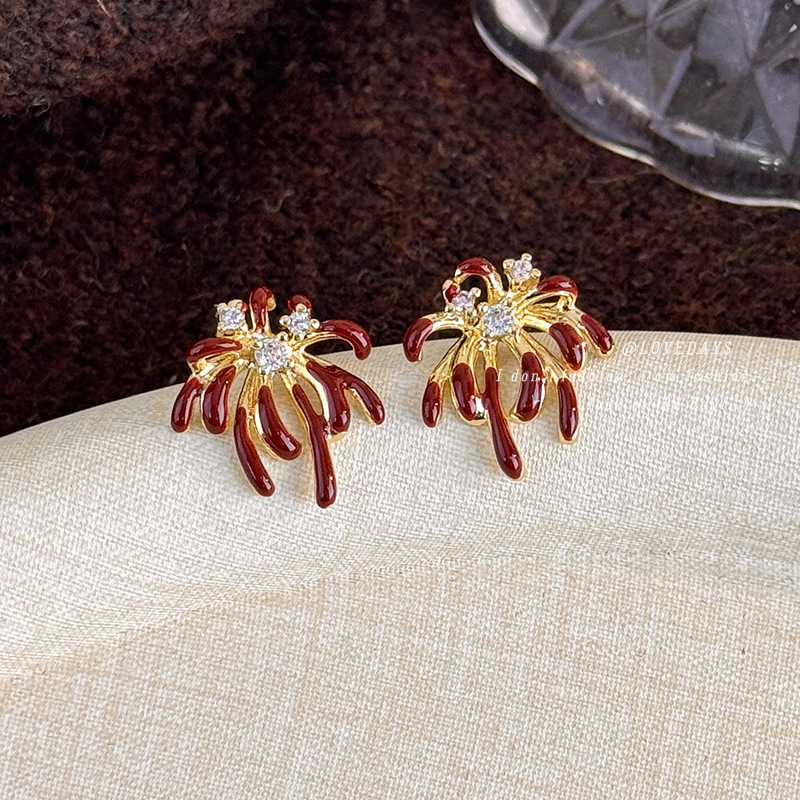 新款红色烟花锆石耳环