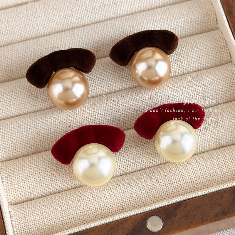 秋冬色系咖色酒红植绒蝴蝶结耳钉