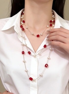 秋冬法式红宝石珍珠长款锁骨链
