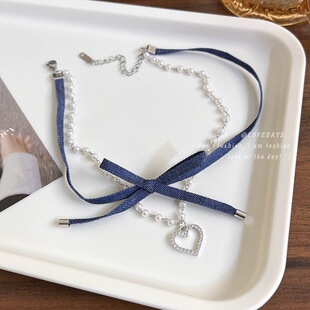 爱心蝴蝶结牛仔双层choker纯欲韩系小众锁骨链新款 甜美可爱项链女