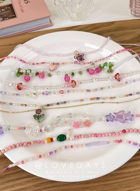 2022春夏甜酷风粉色系叠戴彩色串珠项链女小众设计感锁骨链颈链