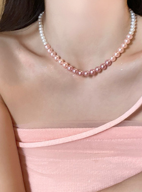 初恋女友！渐变粉紫色珍珠项链