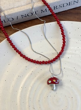 蘑古力~红蘑菇串珠项链长款项链女秋冬吊坠高级感轻奢毛衣链配饰