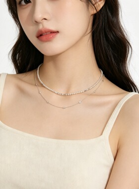法式双层叠戴珍珠锁骨链