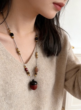 秋冬木质松果虎眼石串珠编绳项链