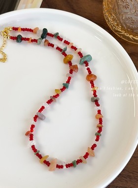 彩色天然石红色手工串珠项链女小众设计感时尚百搭气质锁骨链颈链