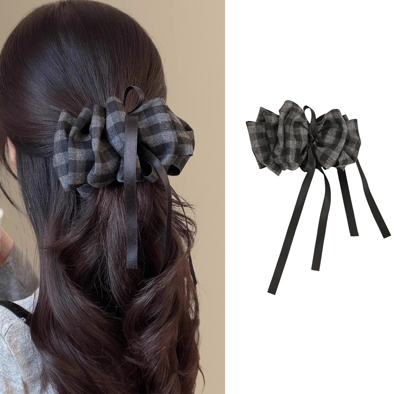 韩系格雷灰磨毛格纹褶皱花苞夹