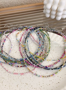 韩版复古马卡龙糖果色彩色米珠串珠项链甜美可爱少女波西米亚颈链