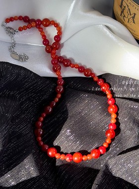 新中式时尚感新年喜庆红色大小圆球串珠项链个性显白锁骨链配饰女