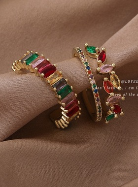 微镶彩色锆石戒指欧美流行时尚复古奢华金色金属叠戴开口指环手饰