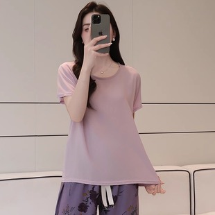 夏装 棉绸上衣女2025年夏季 纯色人造棉T恤衫 薄款 宽松显瘦圆领短袖