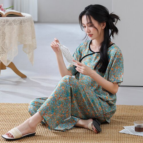 棉绸睡衣女夏季新款中国风短袖九分长裤薄款大码人造棉家居服套装