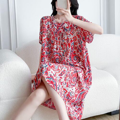 新款棉绸睡裙女夏宽松大码中长款短袖连衣裙人造棉家居服薄款睡衣