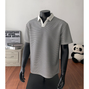 短袖 大码 男ins夏季 新款 老钱风运动翻领t恤潮 经典 休闲美式 条纹时尚