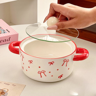 陶瓷泡面碗带盖双耳汤碗学生宿舍用微波炉专用方便面碗釉下彩餐具