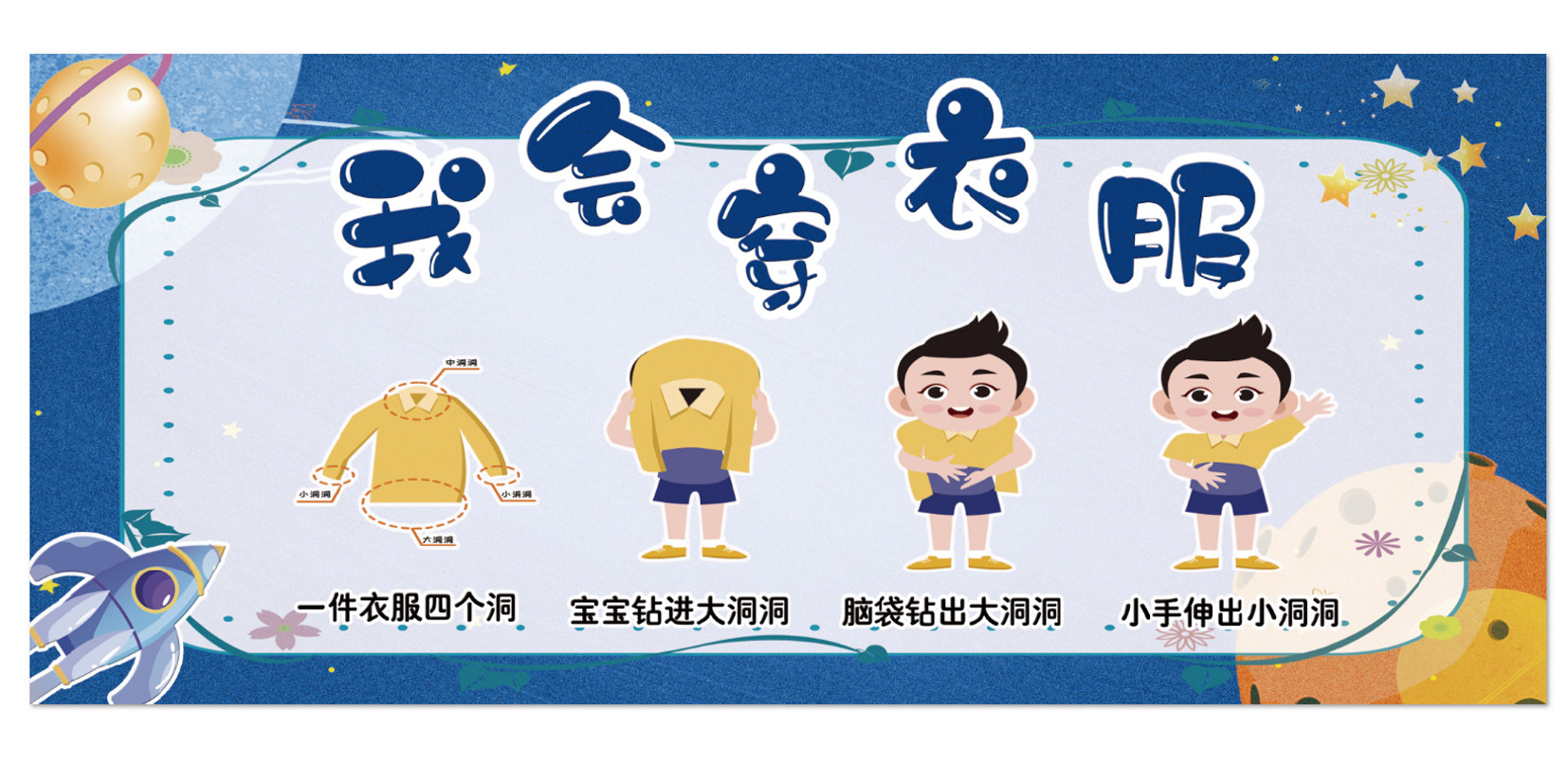 幼儿园生活自理能力培养教育贴画穿衣裤子叠被子穿鞋子太空长方形