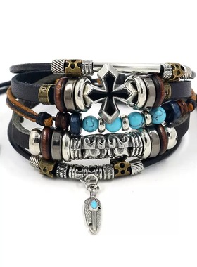 民族风复古饰品 男女通用多层串珠十字架手链 时尚个性仿松石手饰