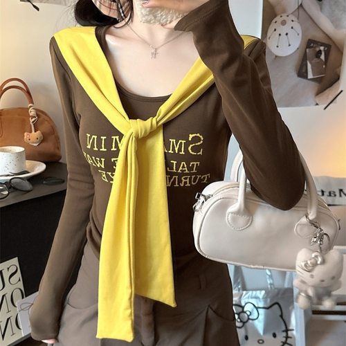 假两件撞色披肩字母印花磨毛长袖