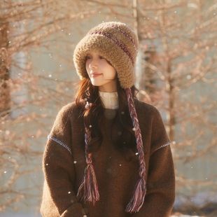 美拉德毛线帽子显脸小冬季 辫子加厚保暖护耳拍照出片毛绒针织帽女