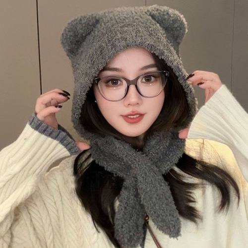 冬季新款毛绒小熊耳朵针织帽