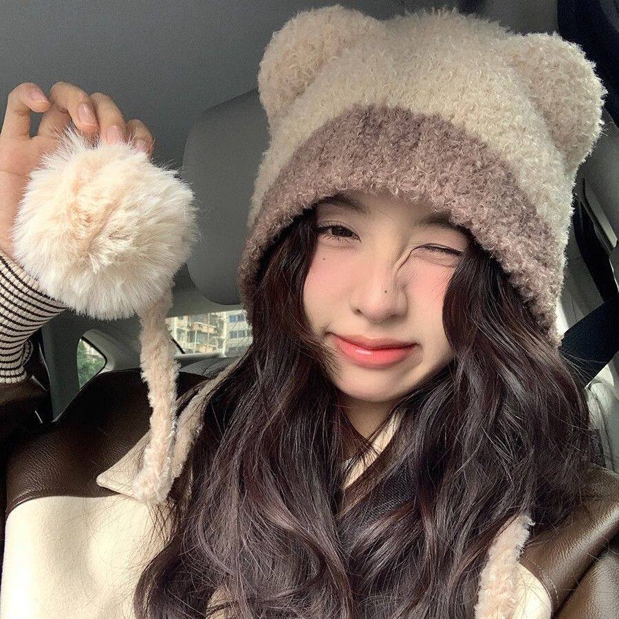秋冬撞色猫耳朵休闲可爱毛球系带保暖护耳针织帽子冬天毛茸茸防寒