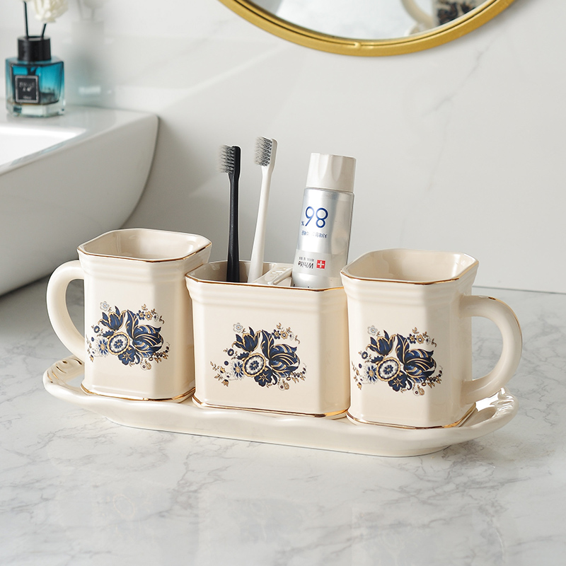 北欧高端轻奢陶瓷卫生间洗漱套装刷牙家卫浴托盘四件套情侣漱口杯