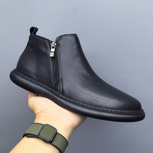 头层软牛皮中帮切尔西短靴男士秋冬新款加绒保暖棉鞋软底软面皮靴