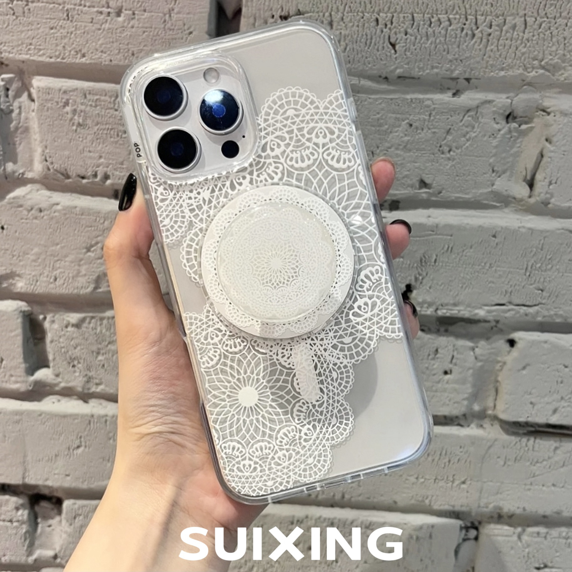 Suixing 泡泡骚月光蕾丝花透明防摔磁吸高品质手机壳16promax轻薄15pro简约高级感14/13带磁吸支架啪嗒保护套,3C数码配件,手机保护套/壳,淘宝优惠券,粉丝福利购,淘宝优惠卷