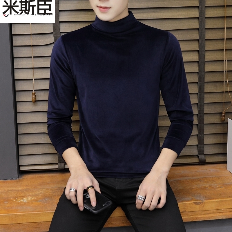 秋冬半高龄领内搭长岭体恤男潮修身金丝绒打底卫衣保暖深橘咖色贴